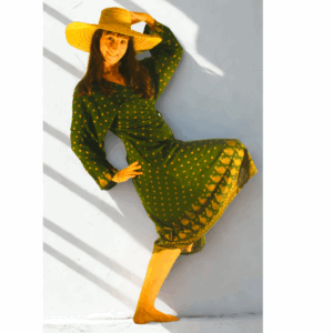 Kimono bohème en coton léger vert imprimé ethnique doré