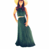 Tenue bohème chic : ensemble jupe longue et top fines bretelles noué dans le dos en coton léger vert imprimé ethnique doré. Livraison gratuite !