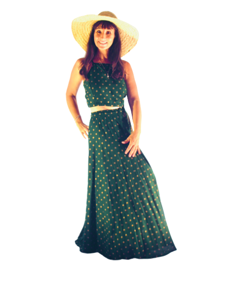 Tenue bohème chic : ensemble jupe longue et top fines bretelles noué dans le dos en coton léger vert imprimé ethnique doré. Livraison gratuite !