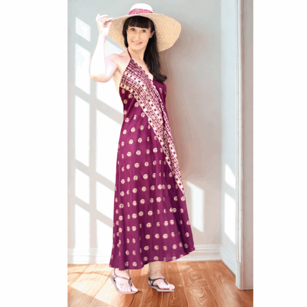 ROBE LONGUE DOS NU -BORDEAU IMPRIME DORE STYLE INDIEN