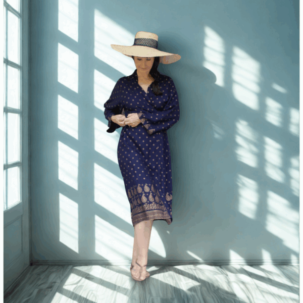 kimono bohème bleu et imprimé style indien or