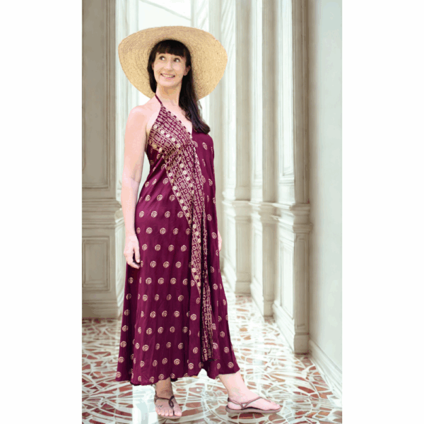 ROBE LONGUE DOS NU -BORDEAU IMPRIME DORE STYLE INDIEN