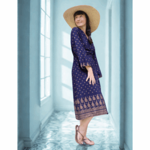 kimono bohème bleu et imprimé style indien or