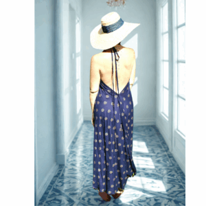 ROBE LONGUE DOS NU BLEU PROFOND ET OR