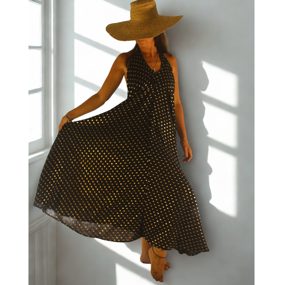 robe longue dos nu unie avec plumetis dorés