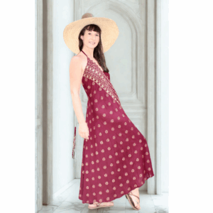ROBE LONGUE DOS NU -BORDEAU IMPRIME DORE STYLE INDIEN