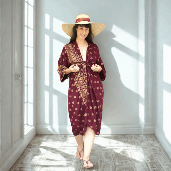 Kimono bohème léger en coton bordeaux