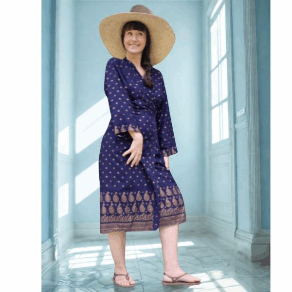 KIMONO BOHÉME EN COTON LEGER -BLEU IMPRIME DORE-