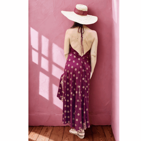 ROBE LONGUE DOS NU -BORDEAU IMPRIME DORE STYLE INDIEN