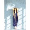 ROBE LONGUE DOS NU BLEU PROFOND ET OR