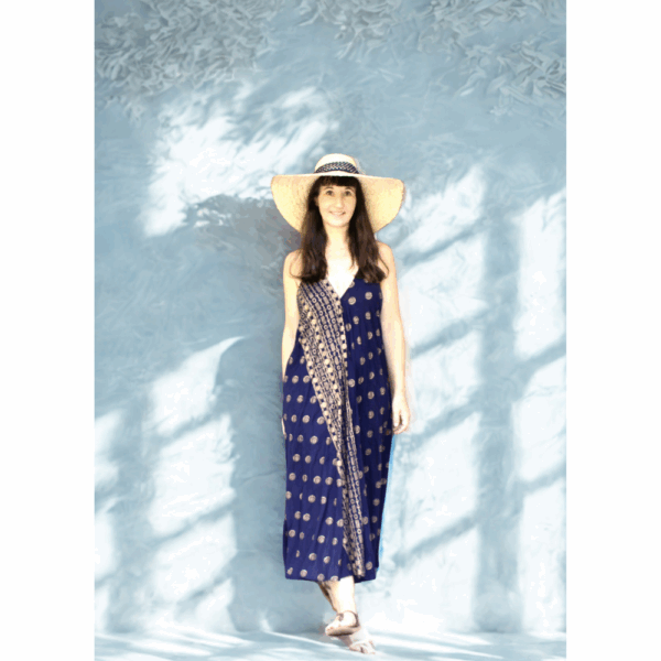 ROBE LONGUE DOS NU BLEU PROFOND ET OR