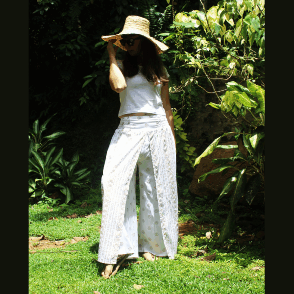 Pantalon confort élégant en coton motifs dorés, coupe ample