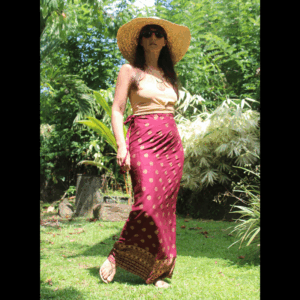 Jupe longue fluide coton léger bordeaux et or. Nouée à la taille. Chic et confortable