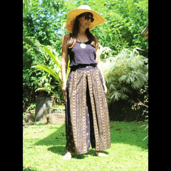 Pantalon fluide et léger en coton imprimé noir et doré