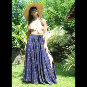 Jupe bohème longue et fluide, fendue en coton léger bleu imprimé style indien