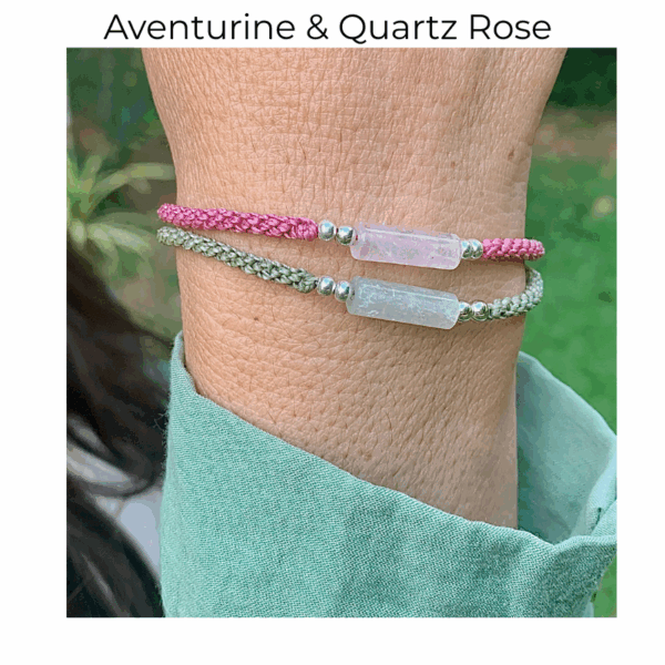 Duo de bracelets en macramé. Aventurine et Quartz rose. Chackra du coeur, amour, douceur et apaisement.